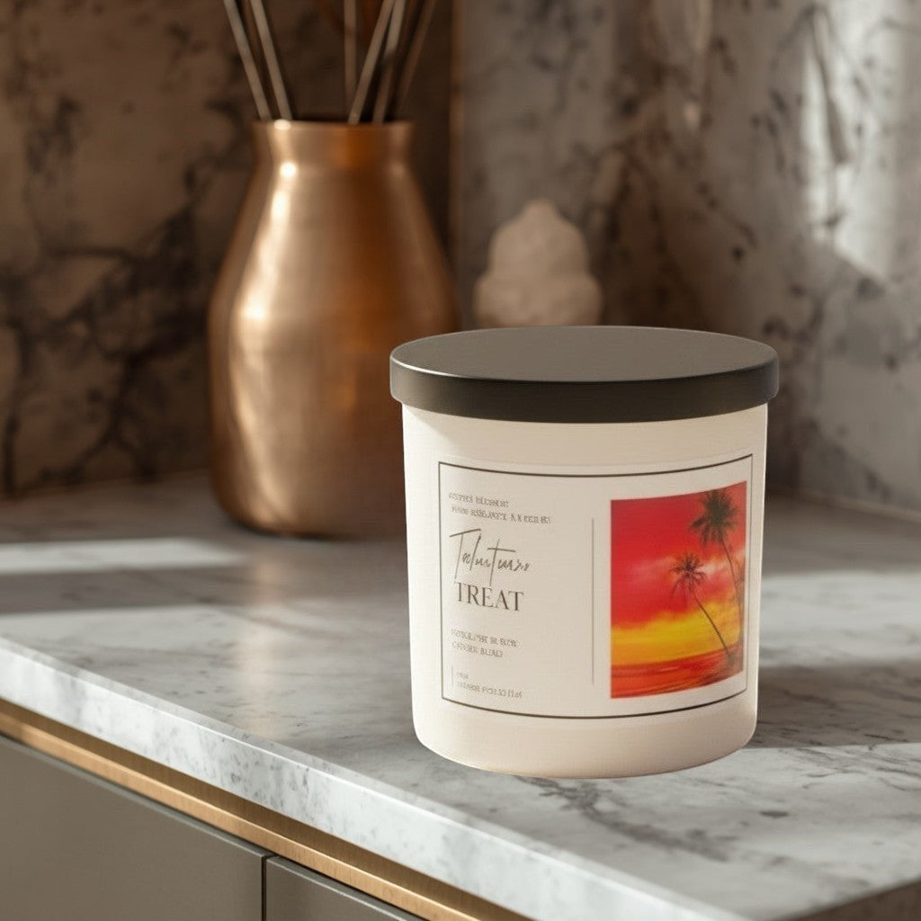 Doodlations Coffee Bar & Boutique Tahitian Treat luxury soy blend candle with tropical sunset label. Hand-poured for home fragrance.