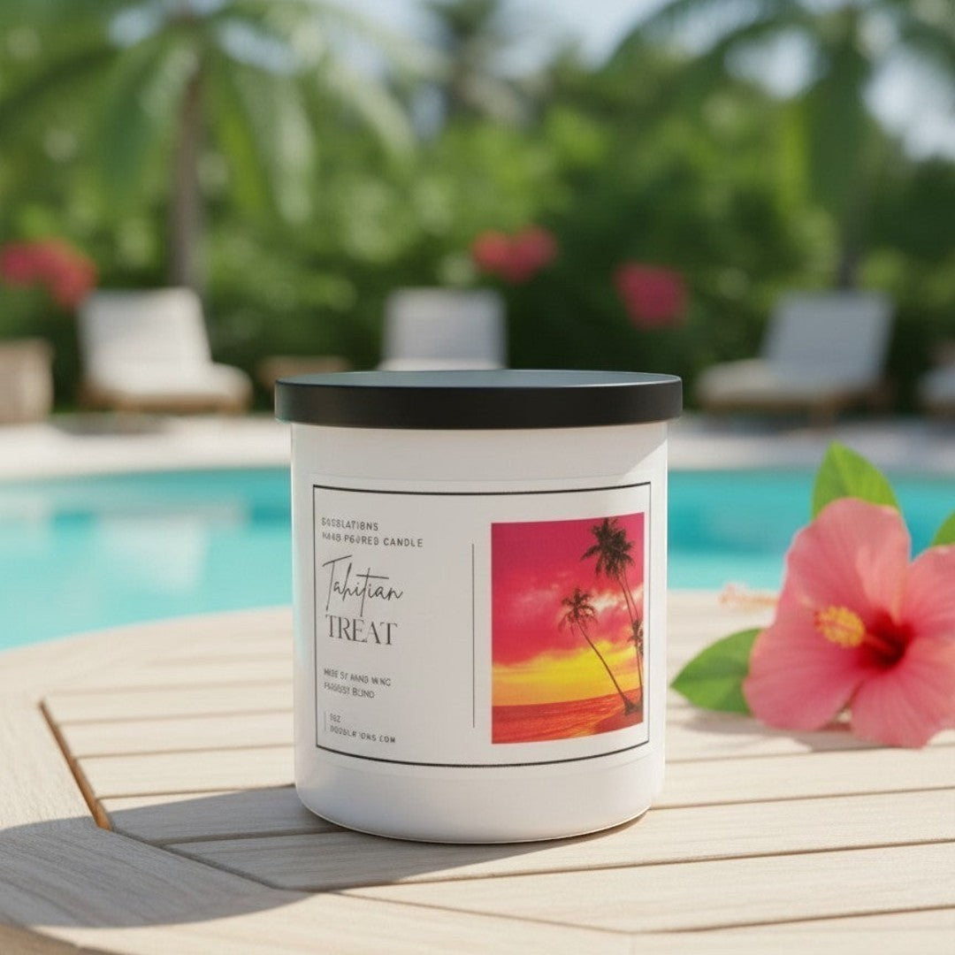 Doodlations Coffee Bar & Boutique Tahitian Treat luxury soy blend candle with tropical sunset label, beside a pool.