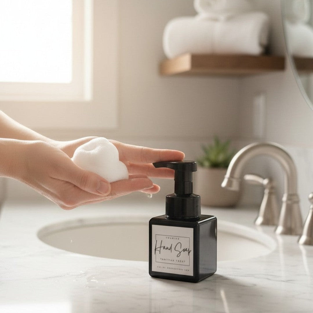 Doodlations Coffee Bar & Boutique Tahitian Treat Foaming Hand Soap with peach scent, dispensed into hands.