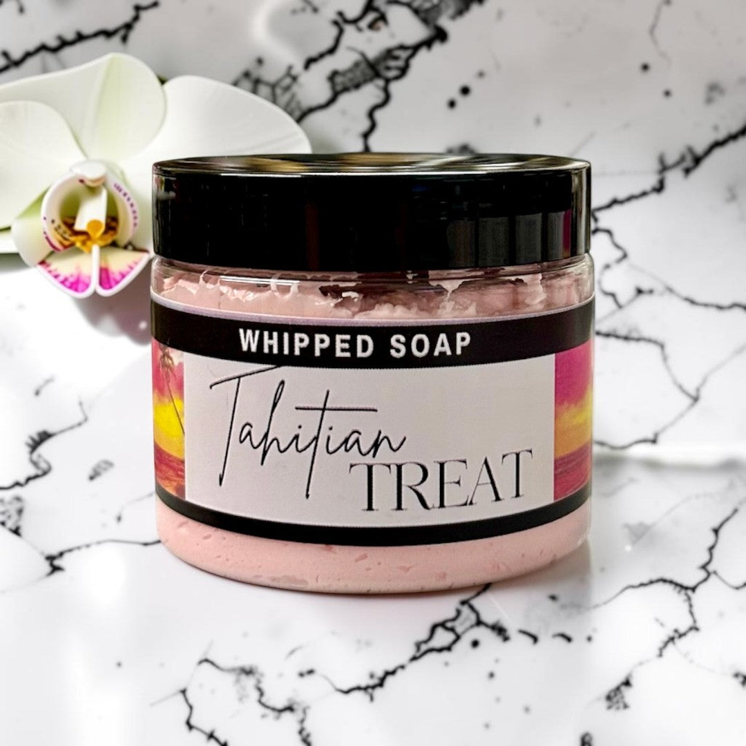 Doodlations Coffee Bar & Boutique Tahitian Treat whipped foaming soap in a jar with pink cream and tropical label.