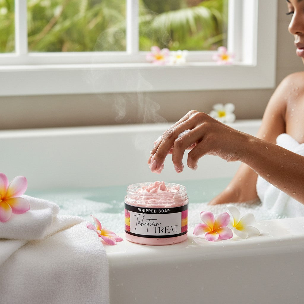 Doodlations Coffee Bar & Boutique Tahitian Treat whipped foaming soap in a jar with tropical flowers in a bath setting