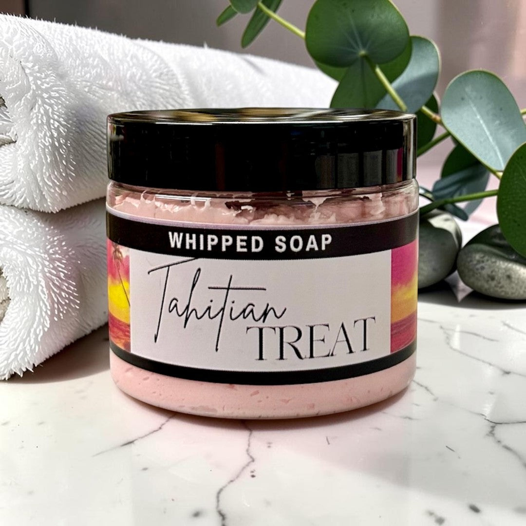 Doodlations Coffee Bar & Boutique Tahitian Treat whipped foaming soap in a jar with grape seed oil for soft skin.