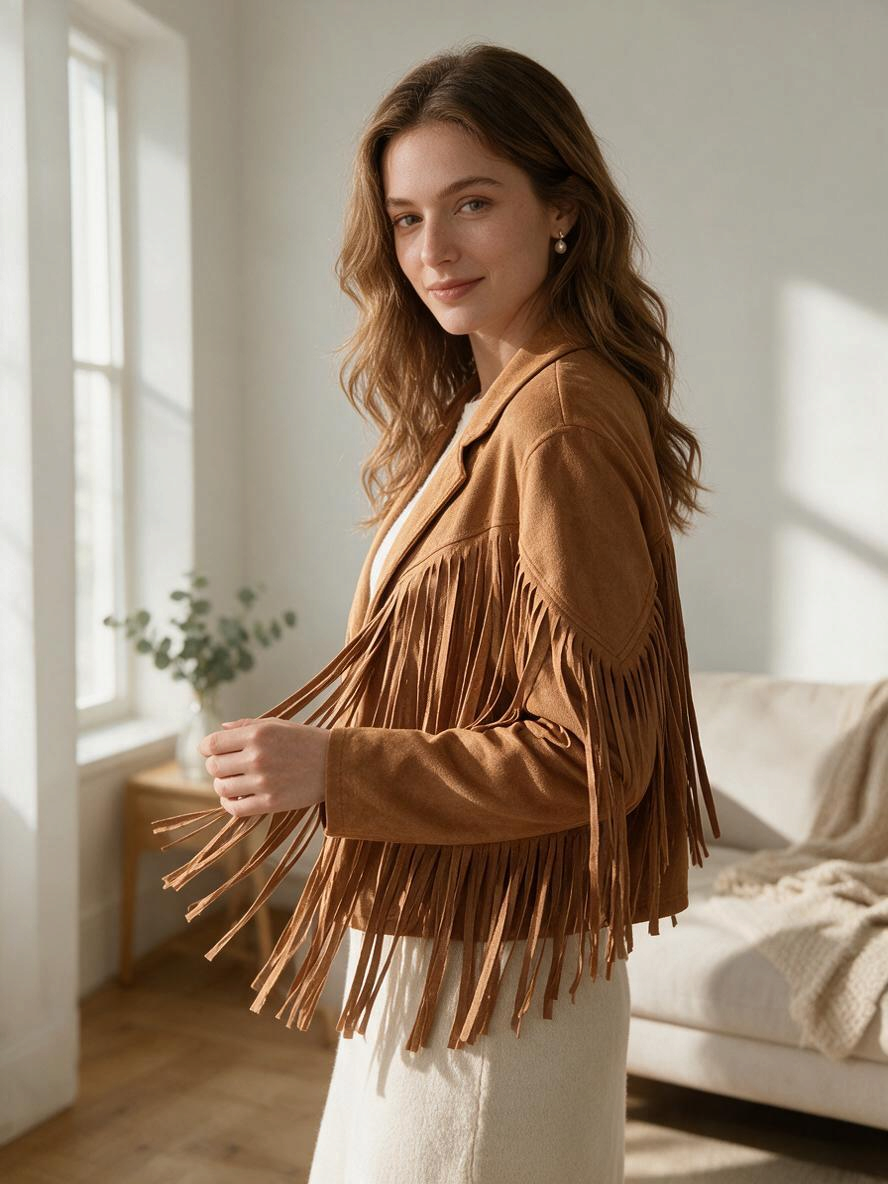 Doodlations Coffee Bar & Boutique brown faux suede Western fringe jacket worn by a woman in a bright living room