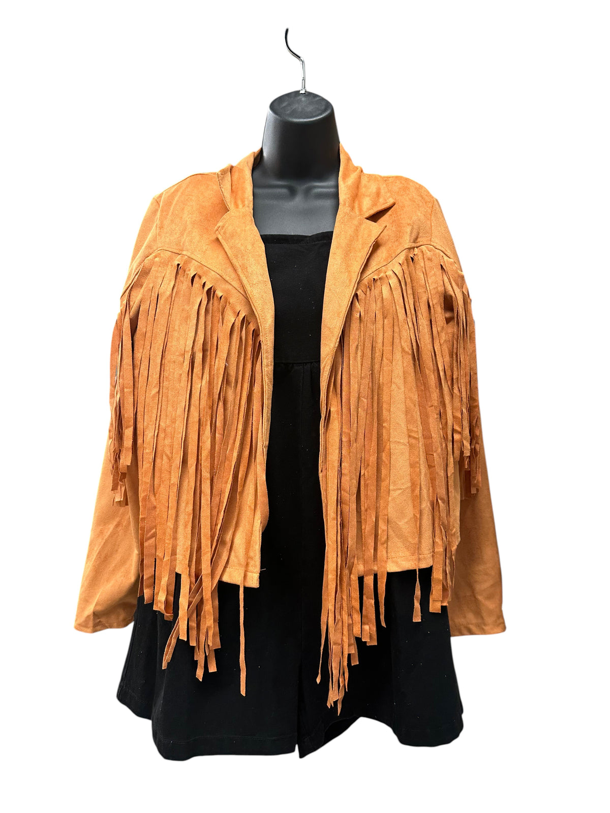 Doodlations Coffee Bar & Boutique tan faux suede Western jacket with long fringe detailing on chest and sleeves