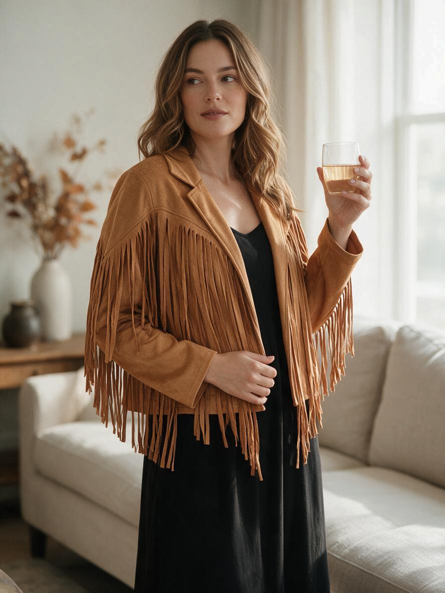 Doodlations Coffee Bar & Boutique tan faux suede Western fringe jacket with lapel collar worn by a woman indoors