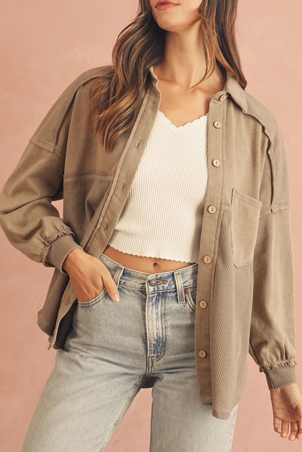 Doodlations Coffee Bar & Boutique tan mineral wash patchwork shacket with textured fabric and button-up front