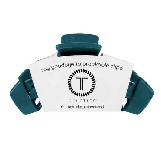 Doodlations Coffee Bar & Boutique Teleties Classic teal claw hair clip with durable, bendable teeth on display.