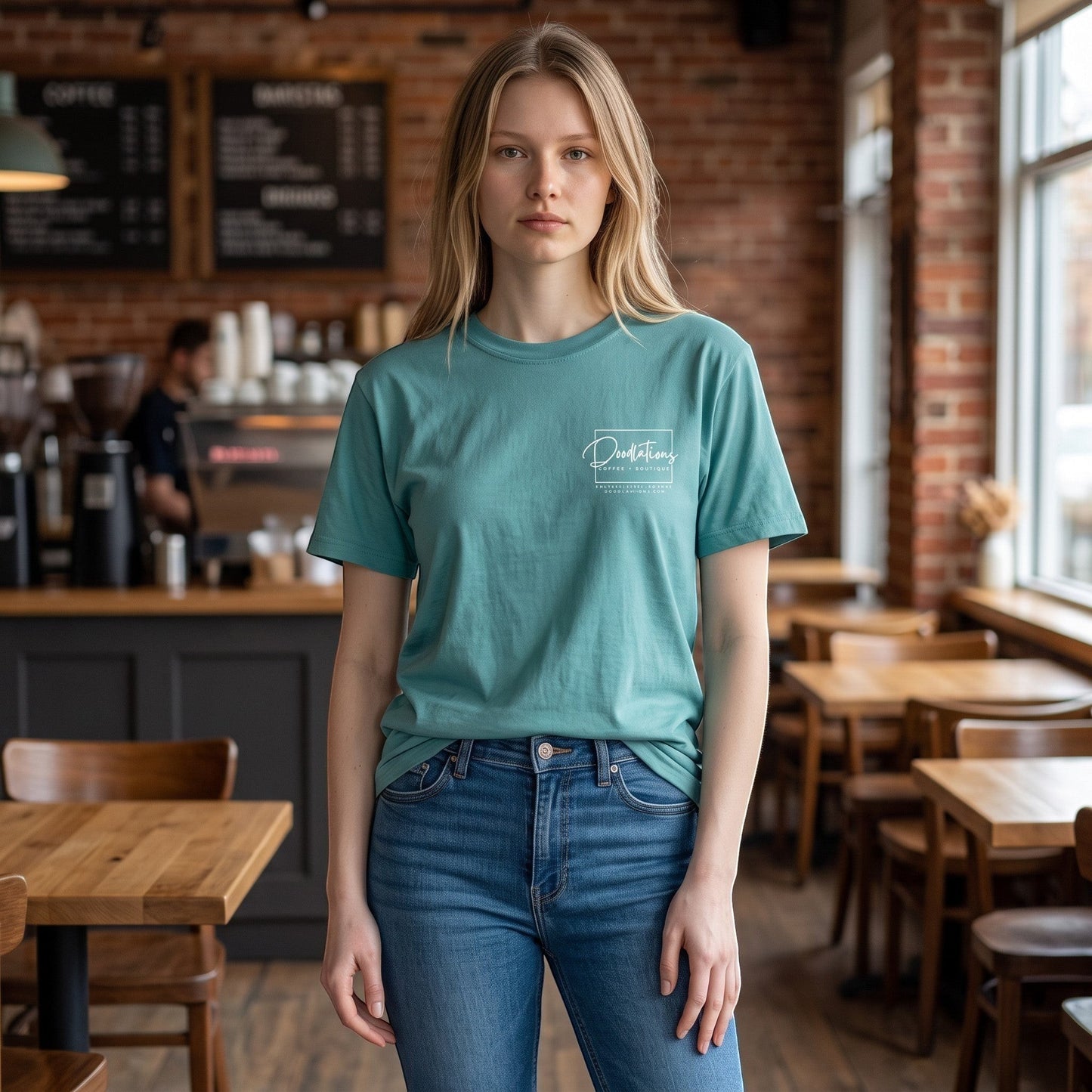 Woman wearing a teal Doodlations Coffee Bar & Boutique graphic tee with a white logo in a cozy coffee shop setting.