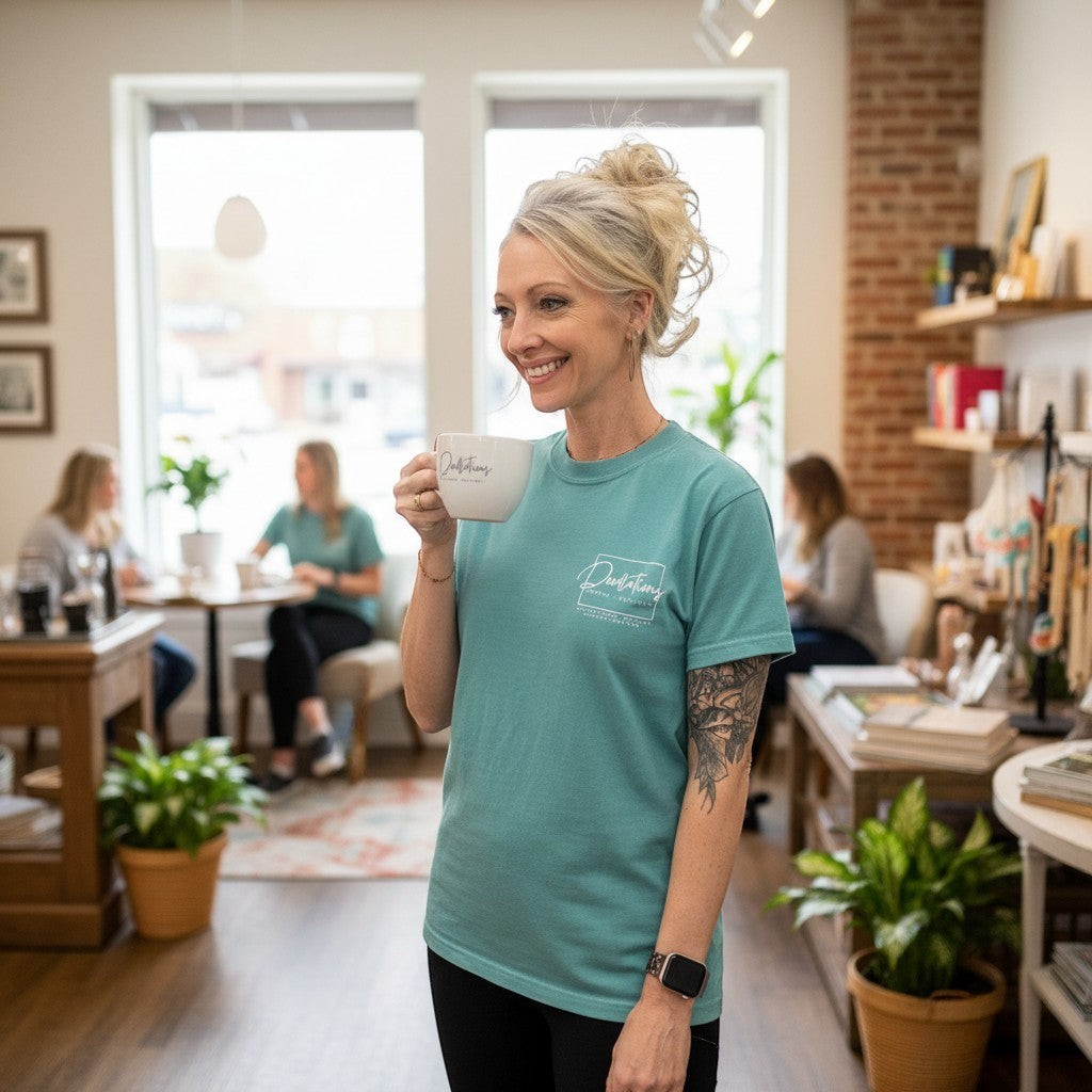 Doodlations Coffee Bar & Boutique teal graphic t-shirt with unisex cut and relaxed fit. Soft cotton blend with Doodlations branding on front and back.
