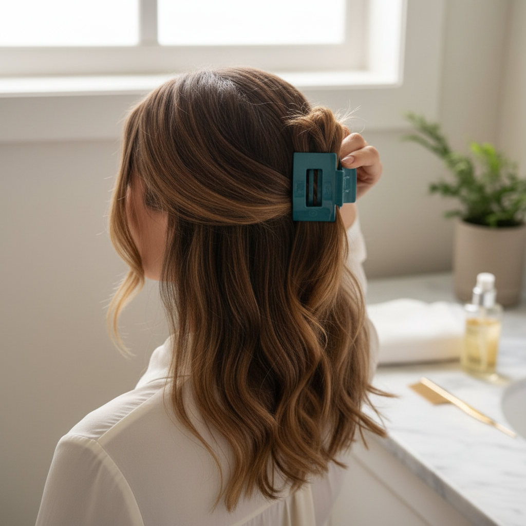 Doodlations Coffee Bar & Boutique teal flat rectangle hair clip worn in long wavy brown hair for a secure updo