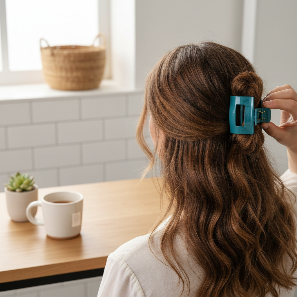 Doodlations Coffee Bar & Boutique teal flat rectangle hair clip worn in a half-up hairstyle by a woman