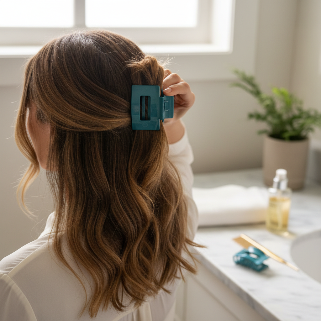 Doodlations Coffee Bar & Boutique teal flat rectangular hair clip securing a half-up hairstyle on a woman