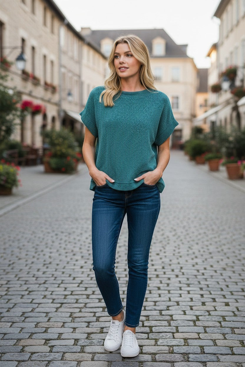 Doodlations Coffee Bar & Boutique teal textured knit relaxed fit crew neck short sleeve top.