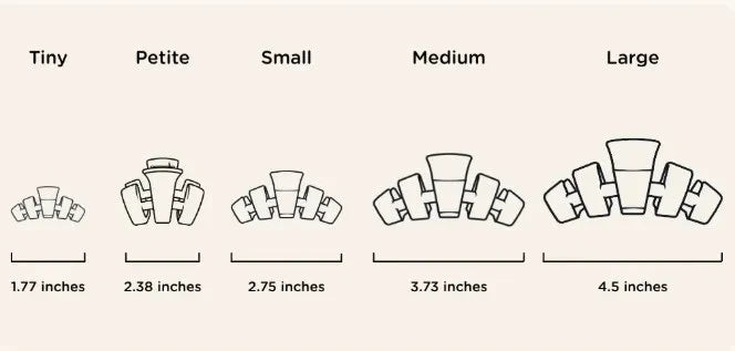 Doodlations Coffee Bar & Boutique size chart showing five Teletie Classic Claw Clip sizes from tiny to large