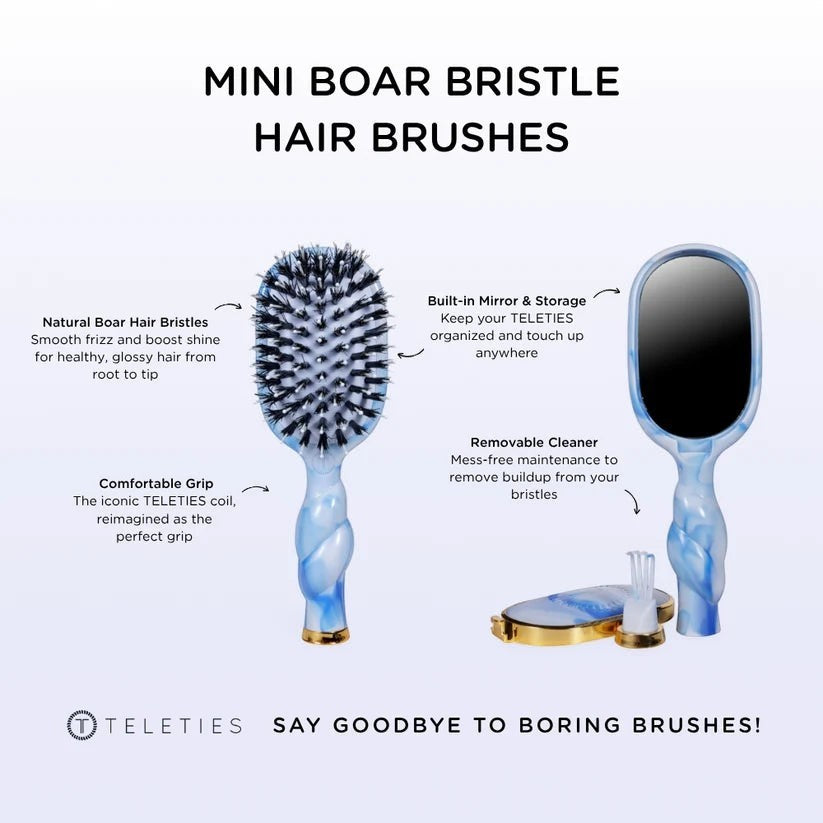 Doodlations Coffee Bar & Boutique Teleties boar bristle hair brush with blue swirl handle, mirror, and cleaner tool.