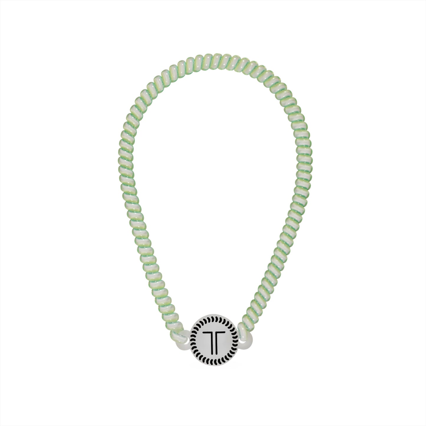Doodlations Coffee Bar & Boutique Teleties headband in a light green spiral design with a branded rubber logo piece.