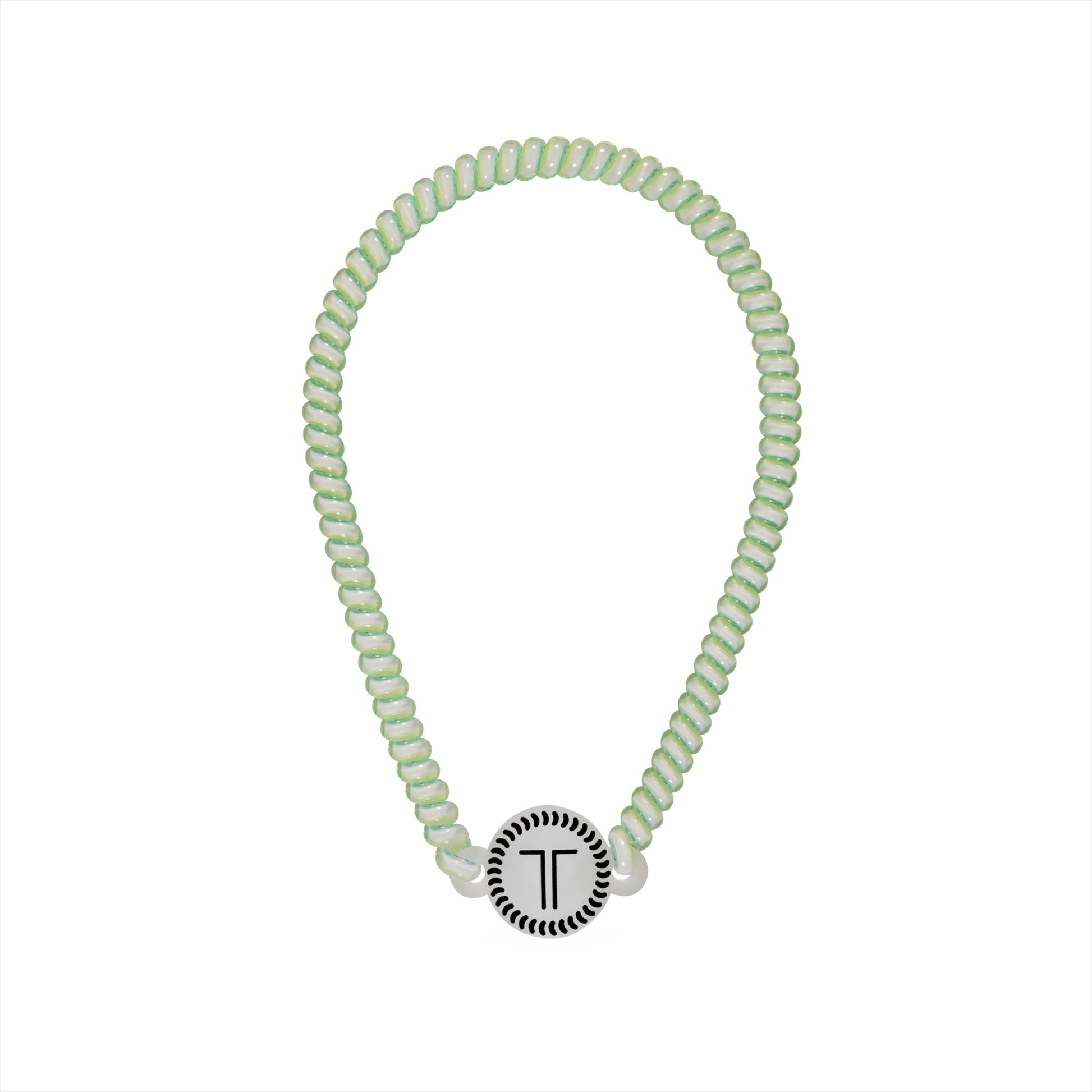 Doodlations Coffee Bar & Boutique Teleties headband in a light green spiral design with a branded rubber logo piece.