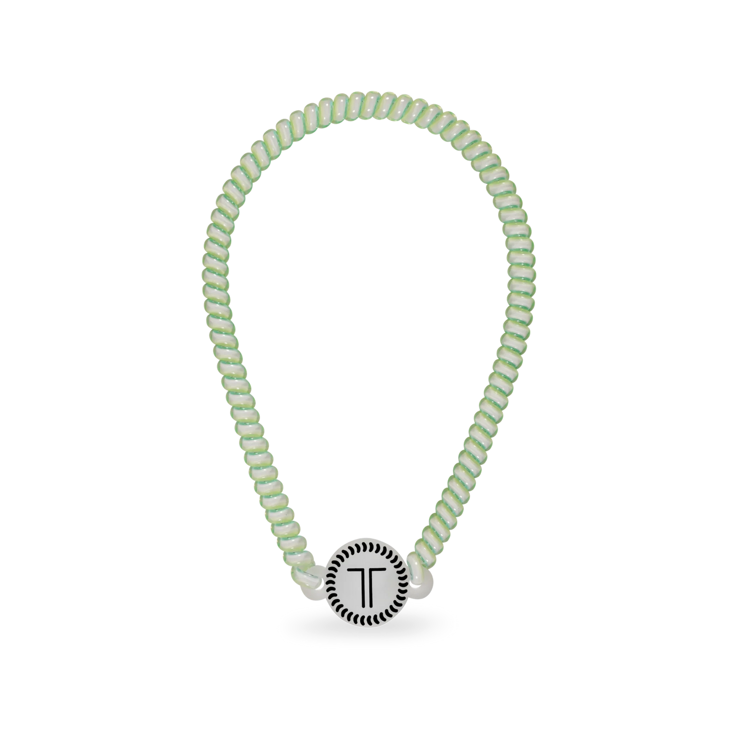 Doodlations Coffee Bar & Boutique Teleties headband in a light green spiral design with a branded rubber piece.