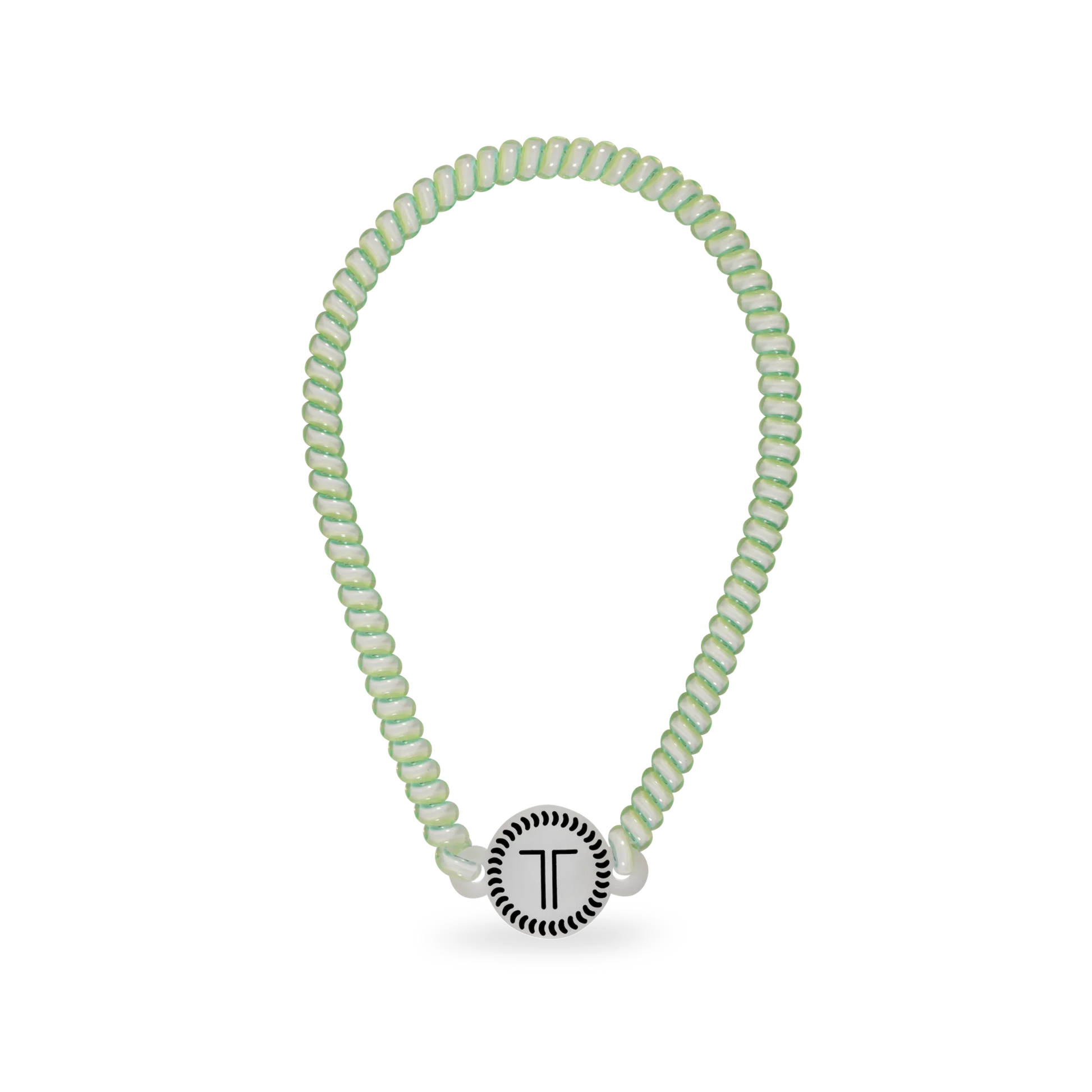 Doodlations Coffee Bar & Boutique Teleties headband in a light green spiral design with a branded rubber piece.