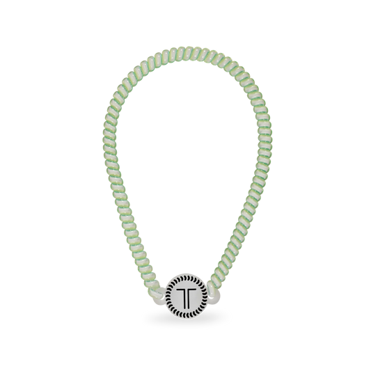 Doodlations Coffee Bar & Boutique Teleties headband in a light green spiral design with a branded rubber piece.