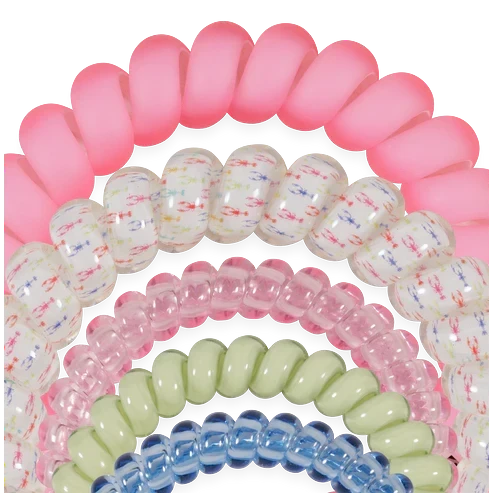 Doodlations Coffee Bar & Boutique Pinch Me! Teleties mix pack featuring pink, clear, and patterned spiral hair ties.