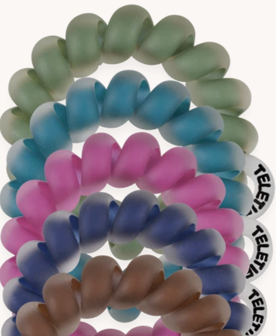Doodlations Coffee Bar & Boutique Teleties tiny spiral hair ties in a multi-colored pack of five neutral shades.