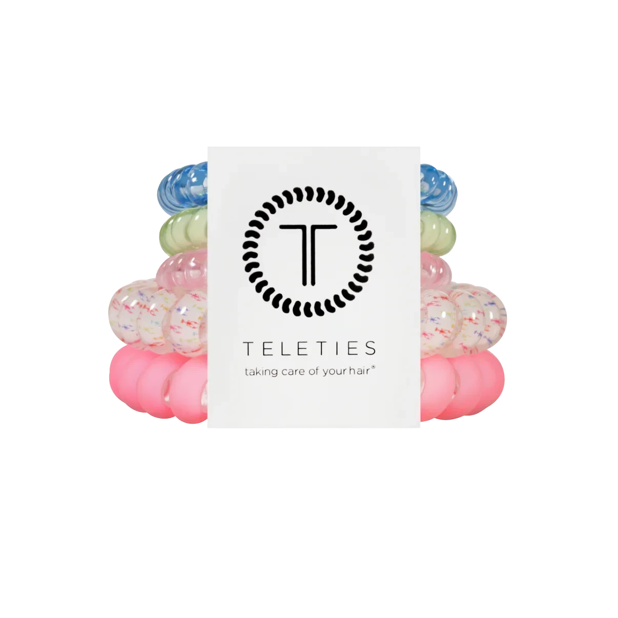 Doodlations Coffee Bar & Boutique Teleties Pinch Me mix pack featuring five colorful spiral hair ties on display.