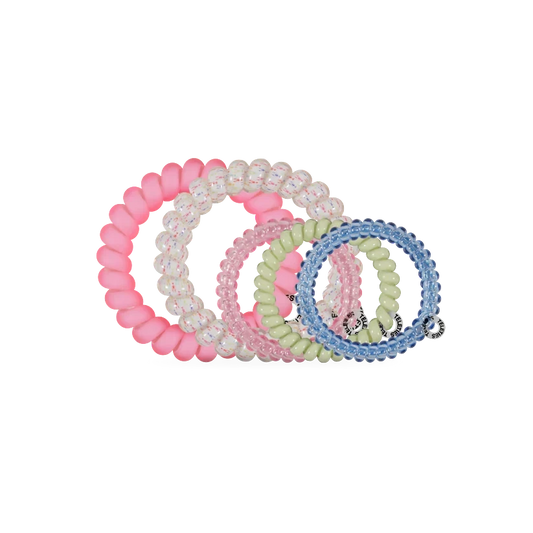 Doodlations Coffee Bar & Boutique Pinch Me! Teleties spiral hair ties in a mix of pink, green, and blue shades.
