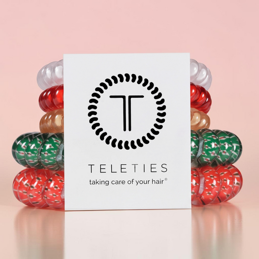 Doodlations Coffee Bar & Boutique Teleties Jolly & Bright spiral coil hair ties in red, green, and clear sparkle