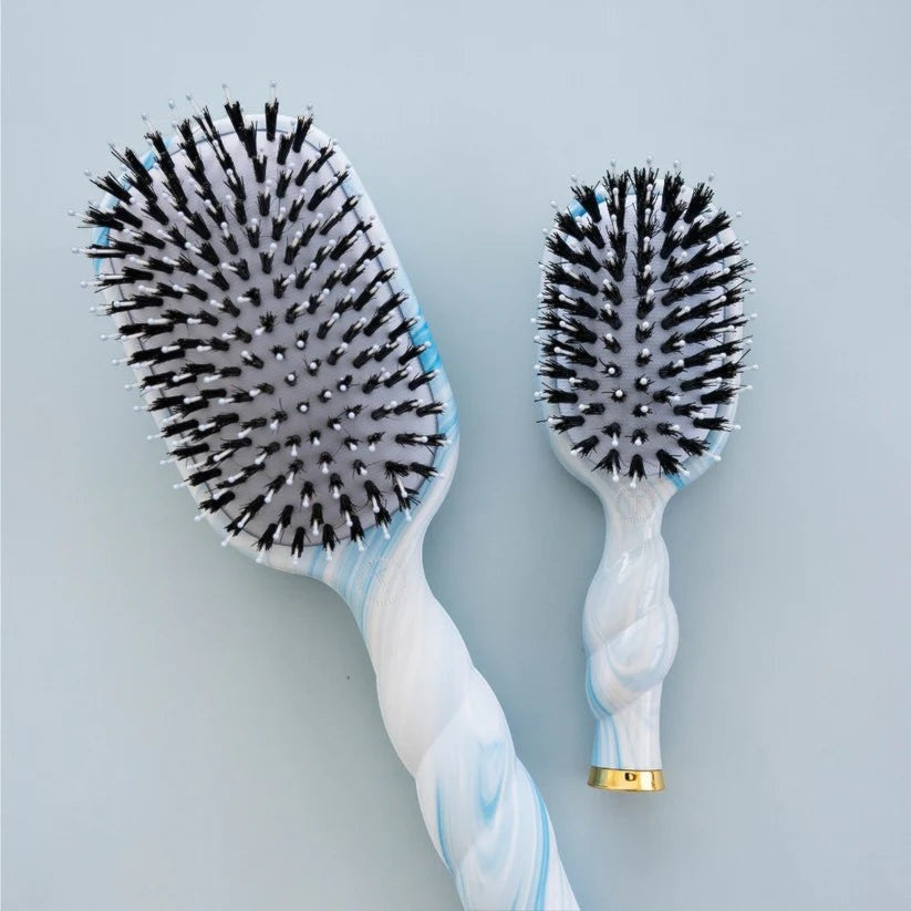 Doodlations Coffee Bar & Boutique Teleties boar bristle hair brushes with blue and white marble coil handles