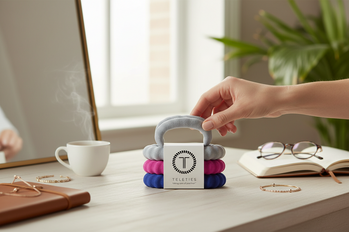 Doodlations Coffee Bar & Boutique Teleties nylon hair ties in steel blue, magenta, and navy on a wooden desk.