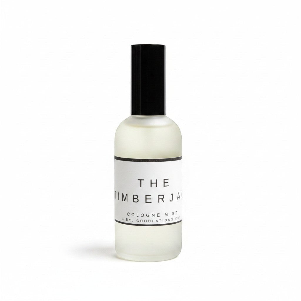 Doodlations Coffee Bar & Boutique The Lumberjack fine mist cologne in a sleek frosted glass bottle with black cap.