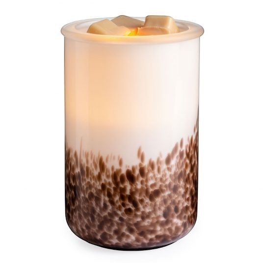 Coffee Bar & Boutique Tiger Shell Illumination Wax Warmer, white glass with brown speckled pattern, melts wax for home fragrance.