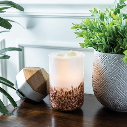 Doodlations Coffee Bar & Boutique Tiger Shell Illumination Wax Warmer, frosted glass with brown speckled base, melts wax for flameless fragrance.