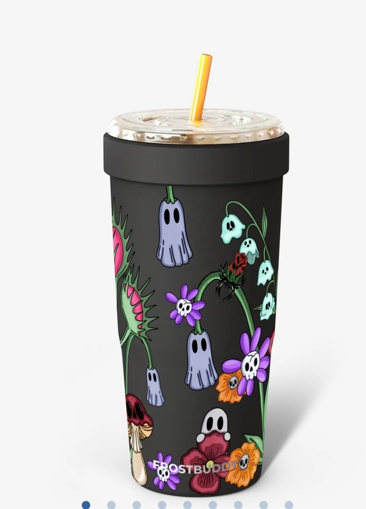 Doodlations Coffee Bar & Boutique To-Go Buddy 32oz tumbler with spooky floral ghost design and yellow straw.