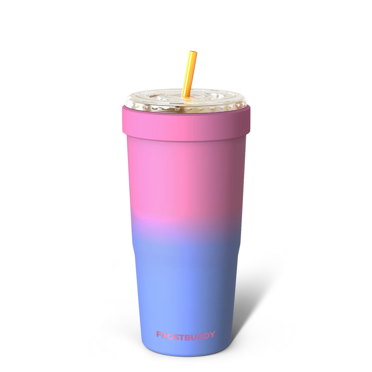 Doodlations Coffee Bar & Boutique To-Go Buddy insulated tumbler, pink and blue gradient, with yellow straw.