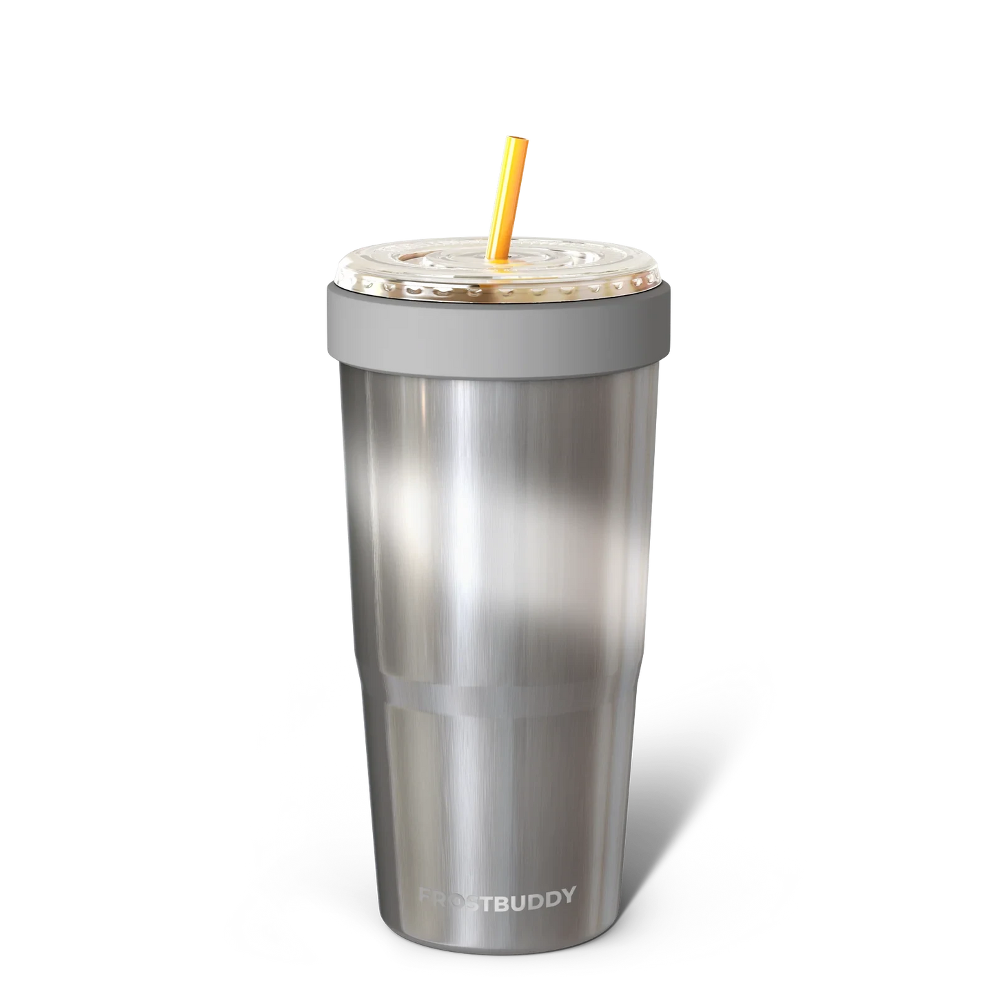 Doodlations Coffee Bar & Boutique To-Go Buddy stainless steel tumbler with grey band and yellow straw. Holds 32oz.