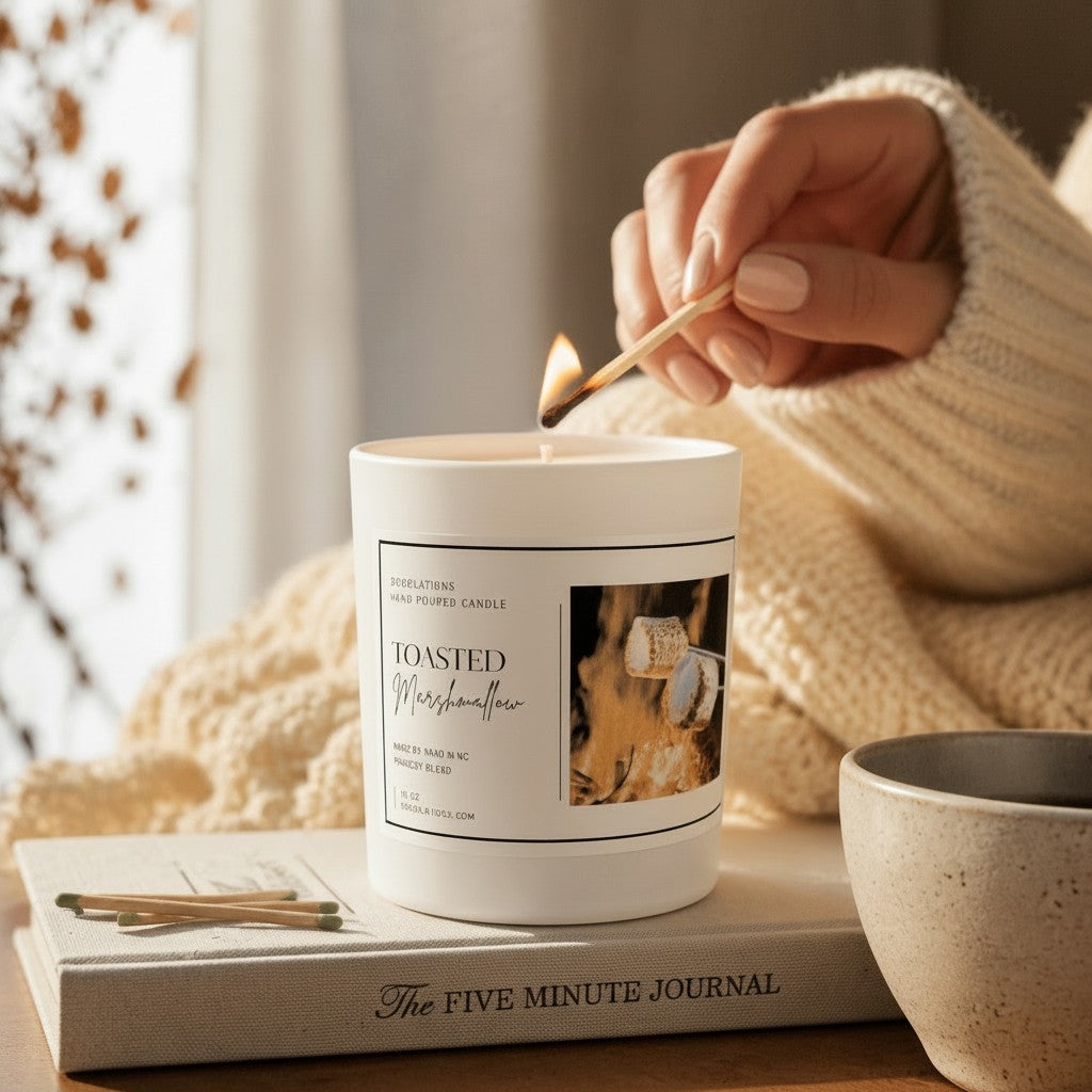 Doodlations Coffee Bar & Boutique toasted marshmallow scented candle being lit by a hand in a cozy knit sweater.