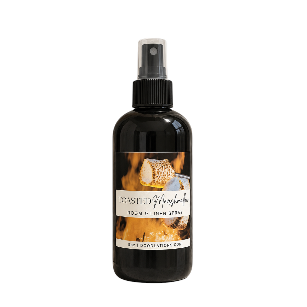 Doodlations Coffee Bar & Boutique Toasted Marshmallow room and linen spray in a black 8oz bottle with a spray nozzle.