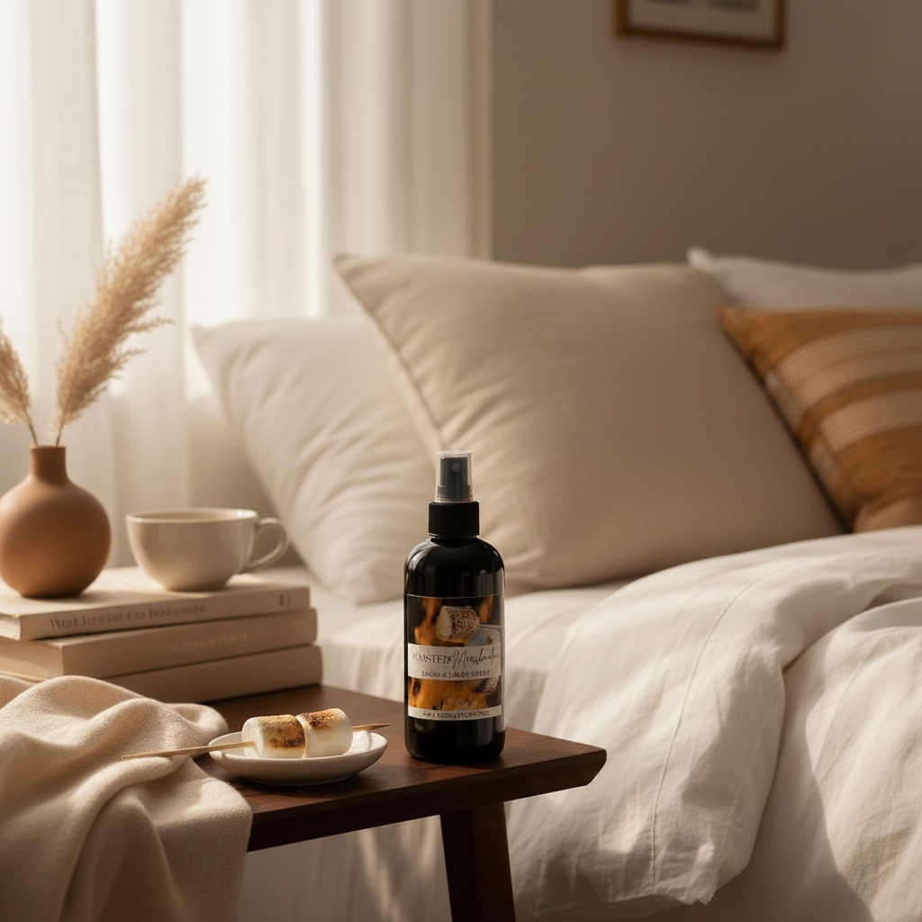 Doodlations Coffee Bar & Boutique Toasted Marshmallow room and linen spray bottle on a wooden table in a cozy bedroom.