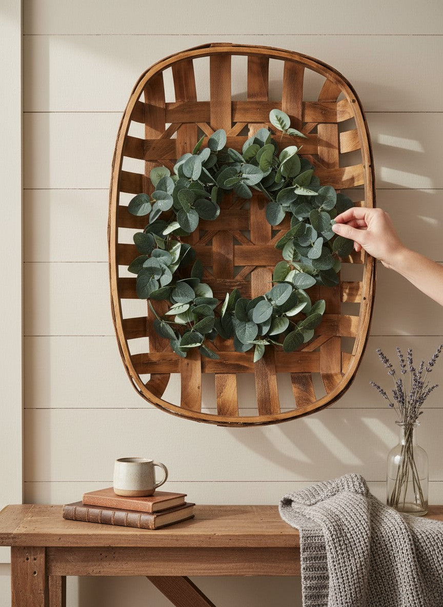 Doodlations Coffee Bar & Boutique handcrafted tobacco basket with greenery wreath. Rustic wood basket with eucalyptus garland.