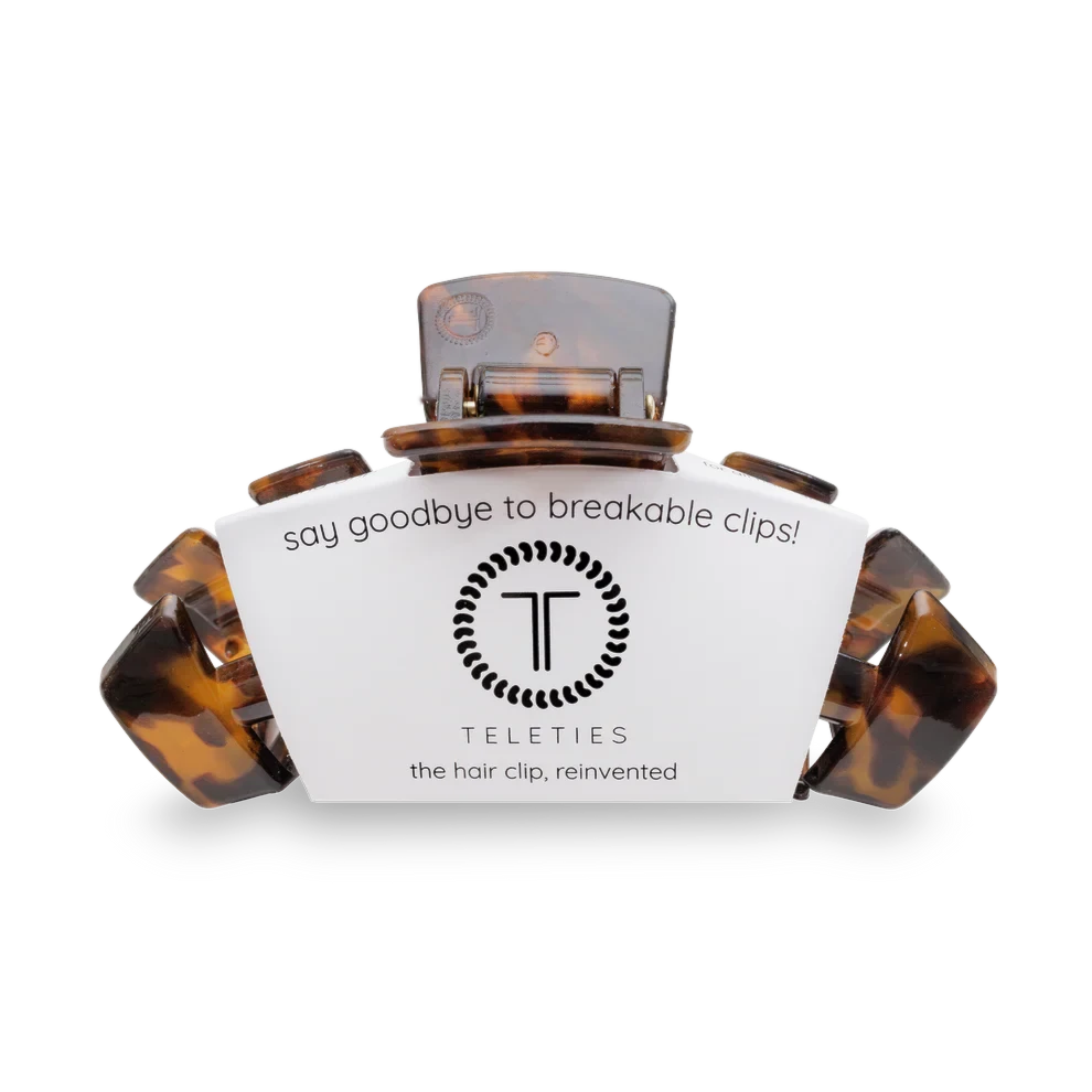 Doodlations Coffee Bar & Boutique Classic Tortoise Claw Hair Clip with durable, bendable teeth on display card.