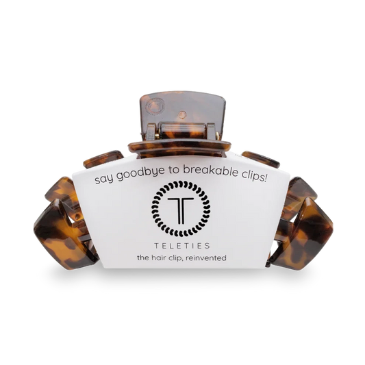 Doodlations Coffee Bar & Boutique Classic Tortoise Claw Hair Clip with durable, bendable teeth on display card.