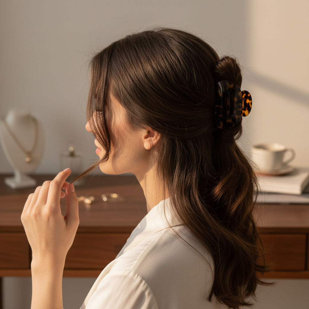 Doodlations Coffee Bar & Boutique Teleties tortoise shell flat round hair clip worn by a woman in a half-up style.