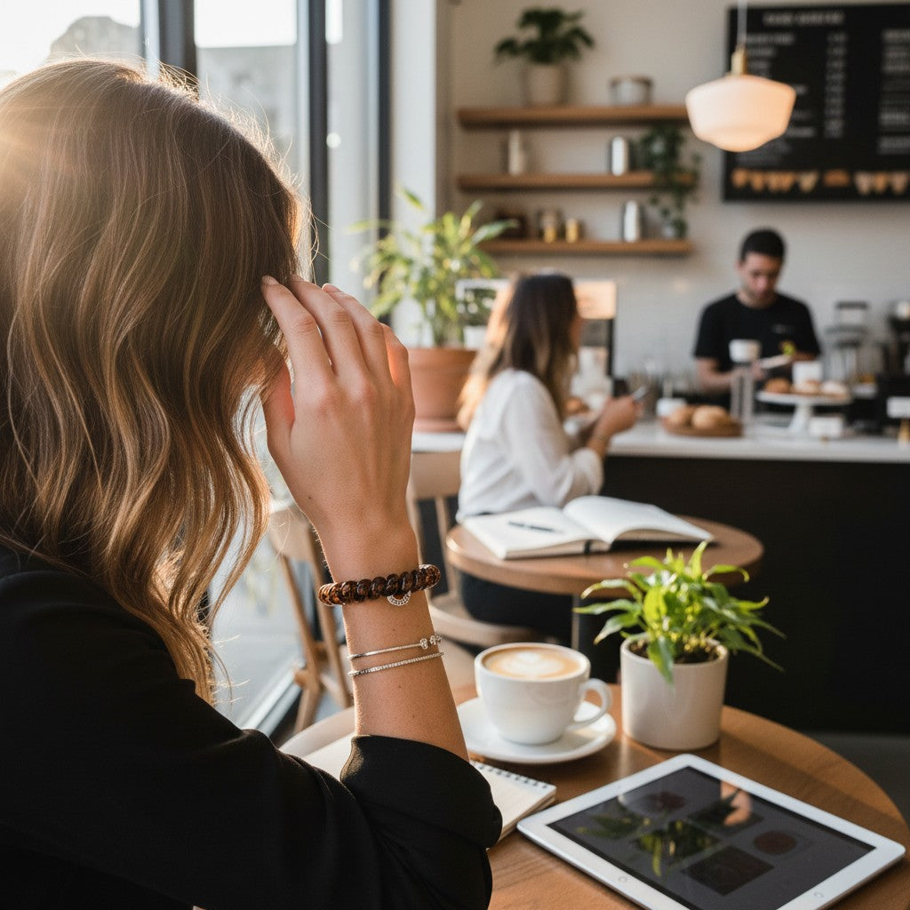Woman wearing a Doodlations Coffee Bar & Boutique tortoise shell hair tie as a bracelet in a sunlit cafe setting.