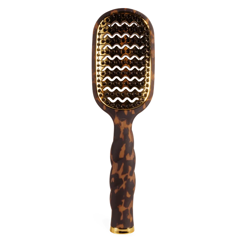 Doodlations Coffee Bar & Boutique Teleties mini vented hair brush in a brown tortoise shell pattern with gold accents.