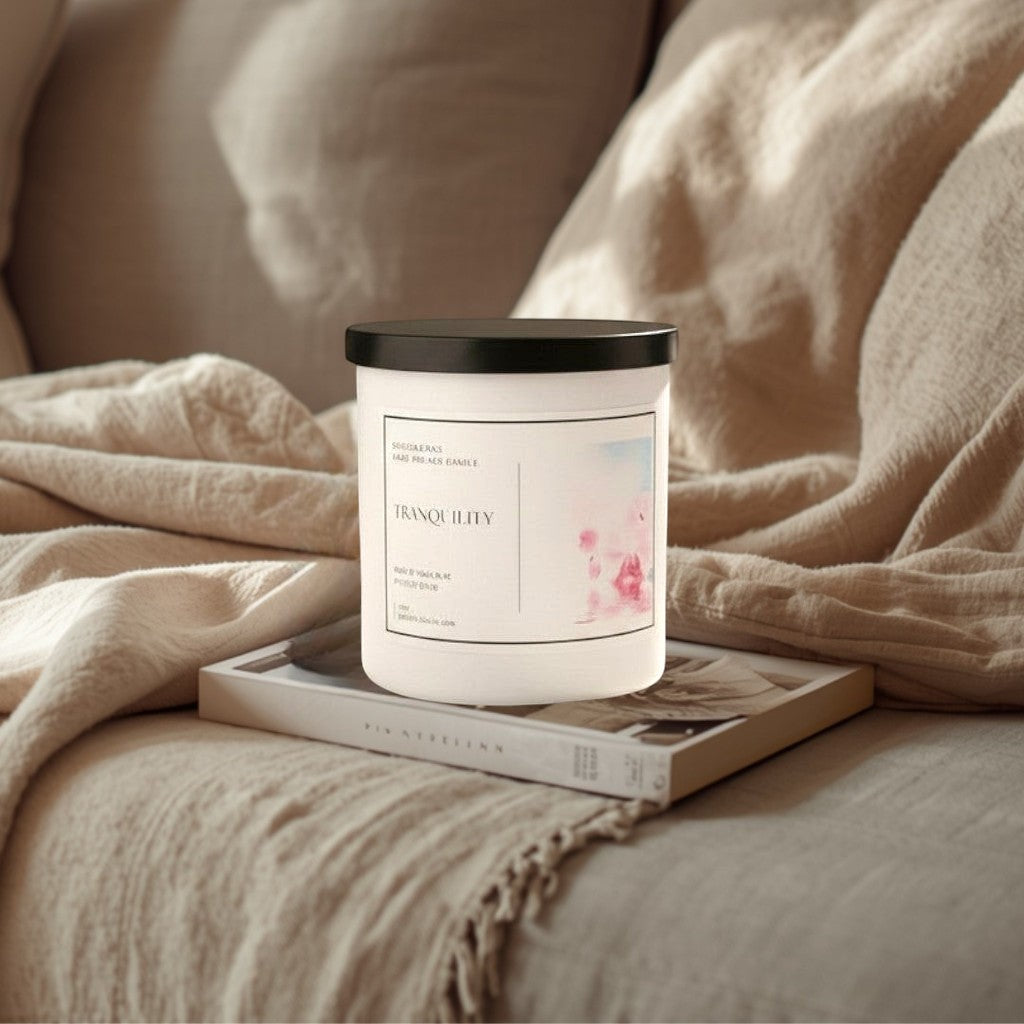 Doodlations Tranquility luxury soy blend candle with a botanical fragrance, in a white jar with a black lid.