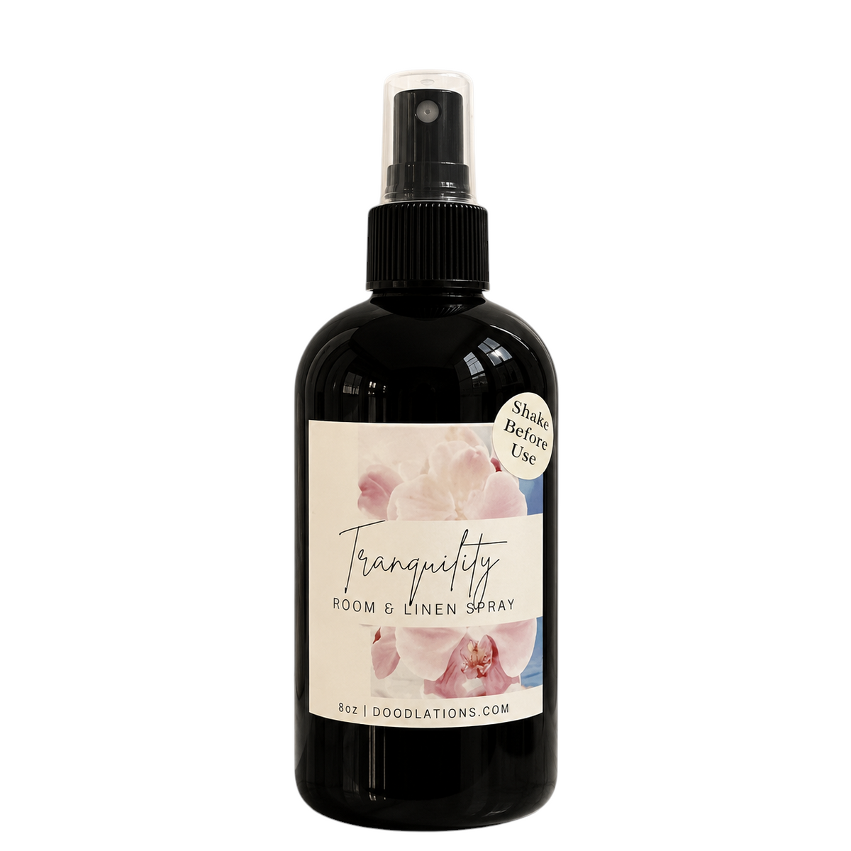 Doodlations Coffee Bar & Boutique Tranquility room and linen spray in an 8oz black bottle with floral label