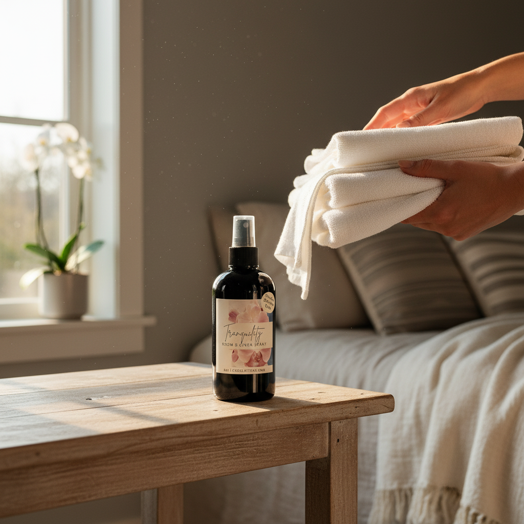 Doodlations Coffee Bar & Boutique Tranquility room and linen spray bottle on a wooden table with folded white towels