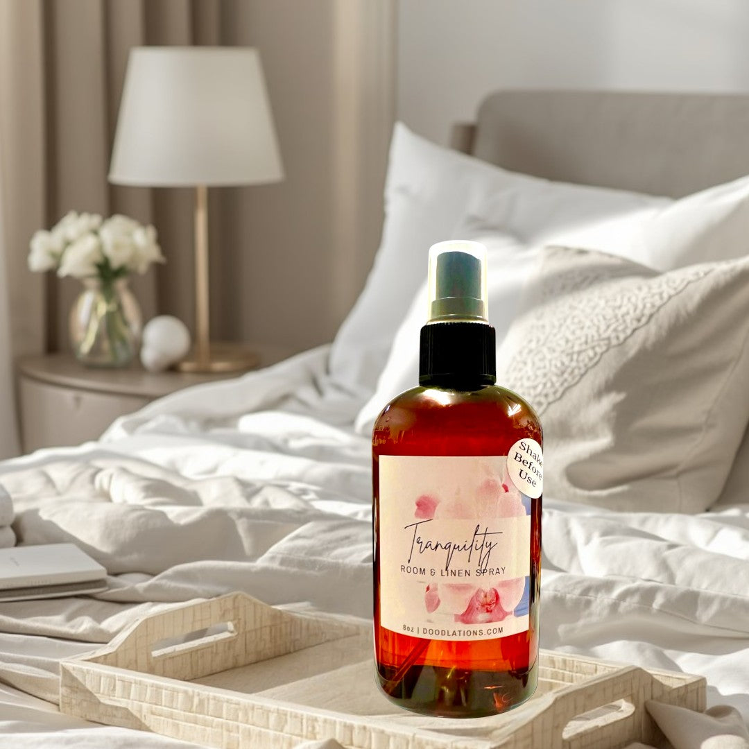 Doodlations Coffee Bar & Boutique Tranquility Room & Linen Spray with lemongrass, clove, lavender, and musk scents.